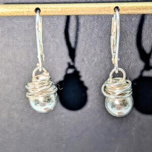 925 Sterling Silver Wire Wrapped Ball Lever Back Dangle Earrings